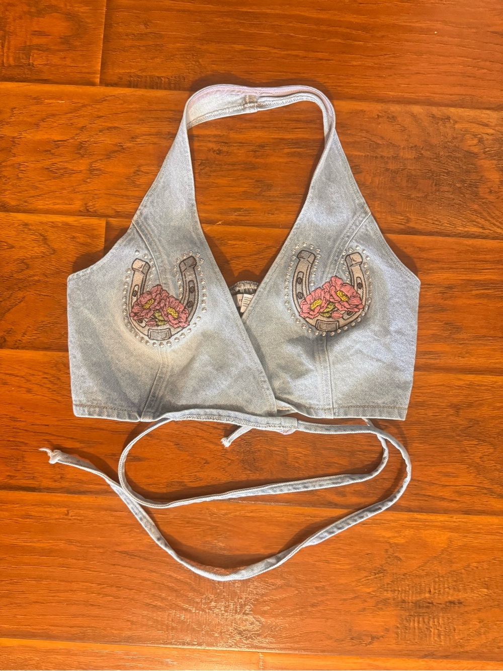 Vintage Light Blue Denim Halter Top with Pink Floral Horseshoe Embroidery